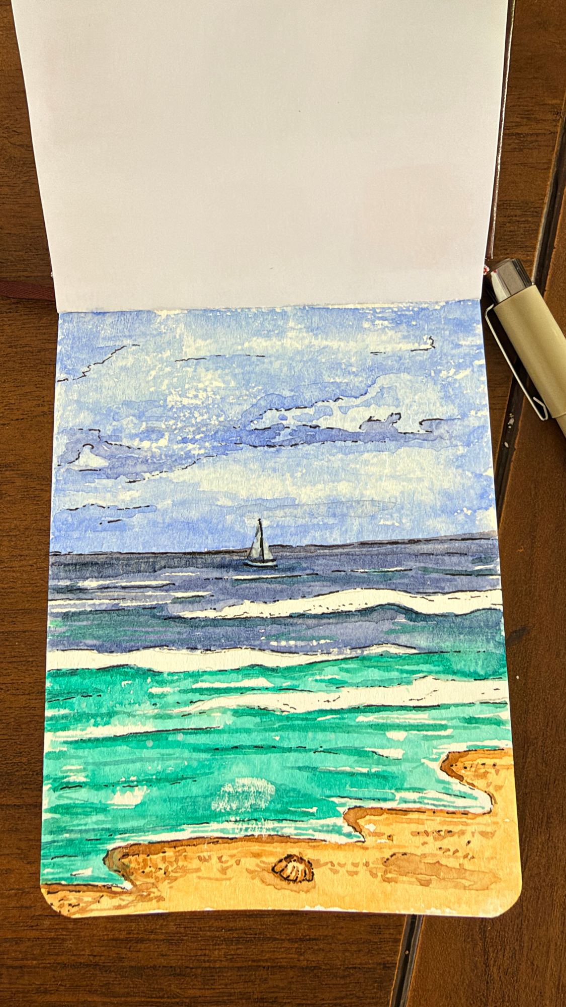 The finished seascape with ink line work
